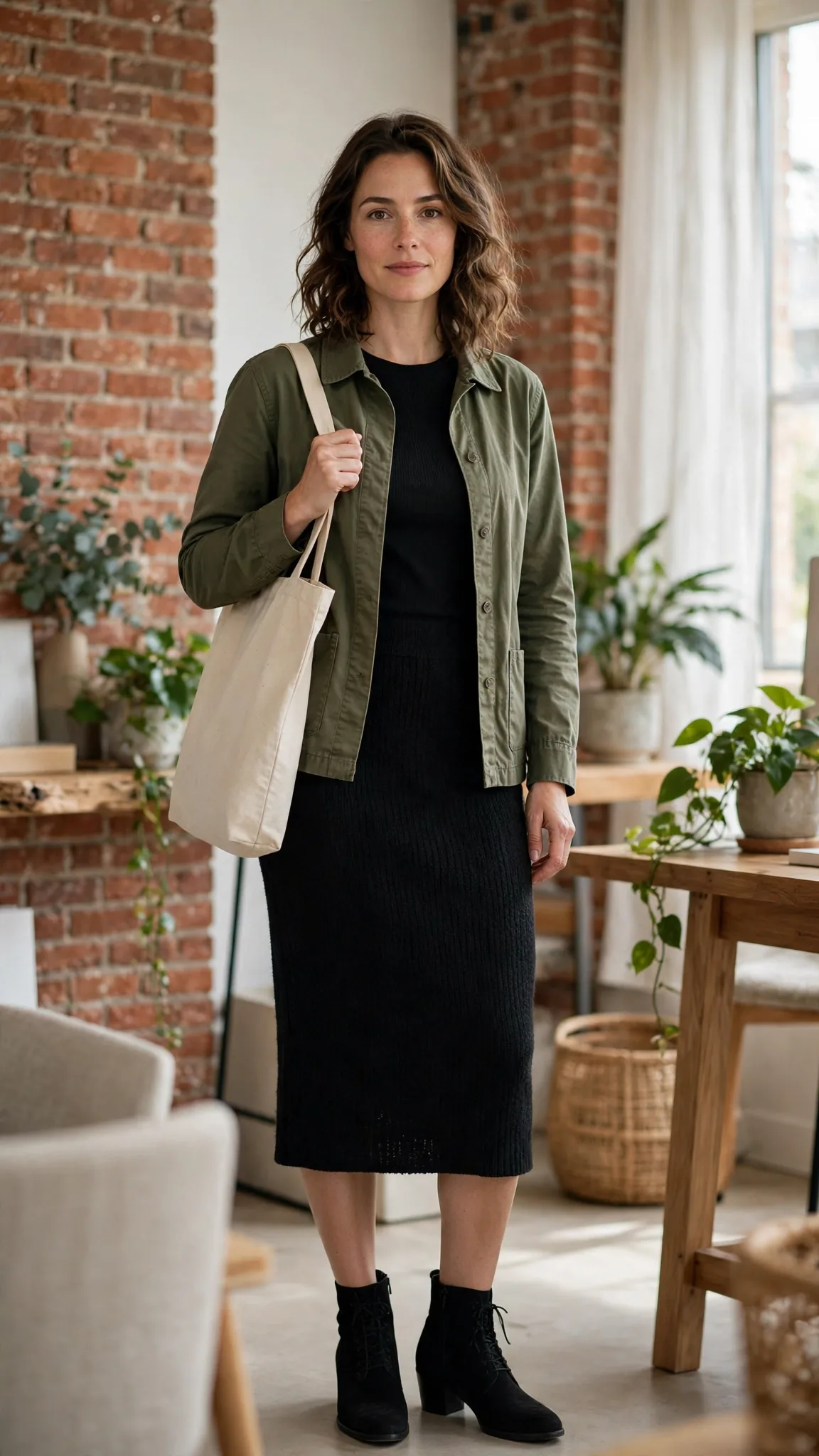 21. Olive Shirt Jacket + Black Knit Midi Skirt