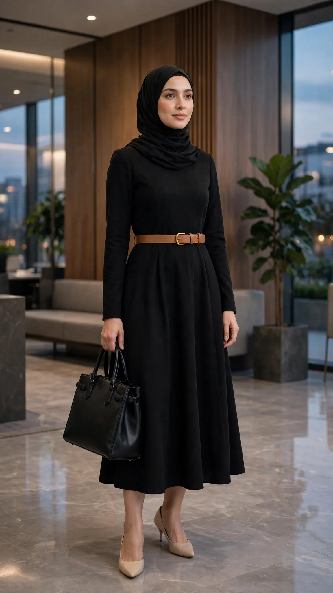 24. Black Full-Sleeve A-Line Midi Dress + Camel Belt