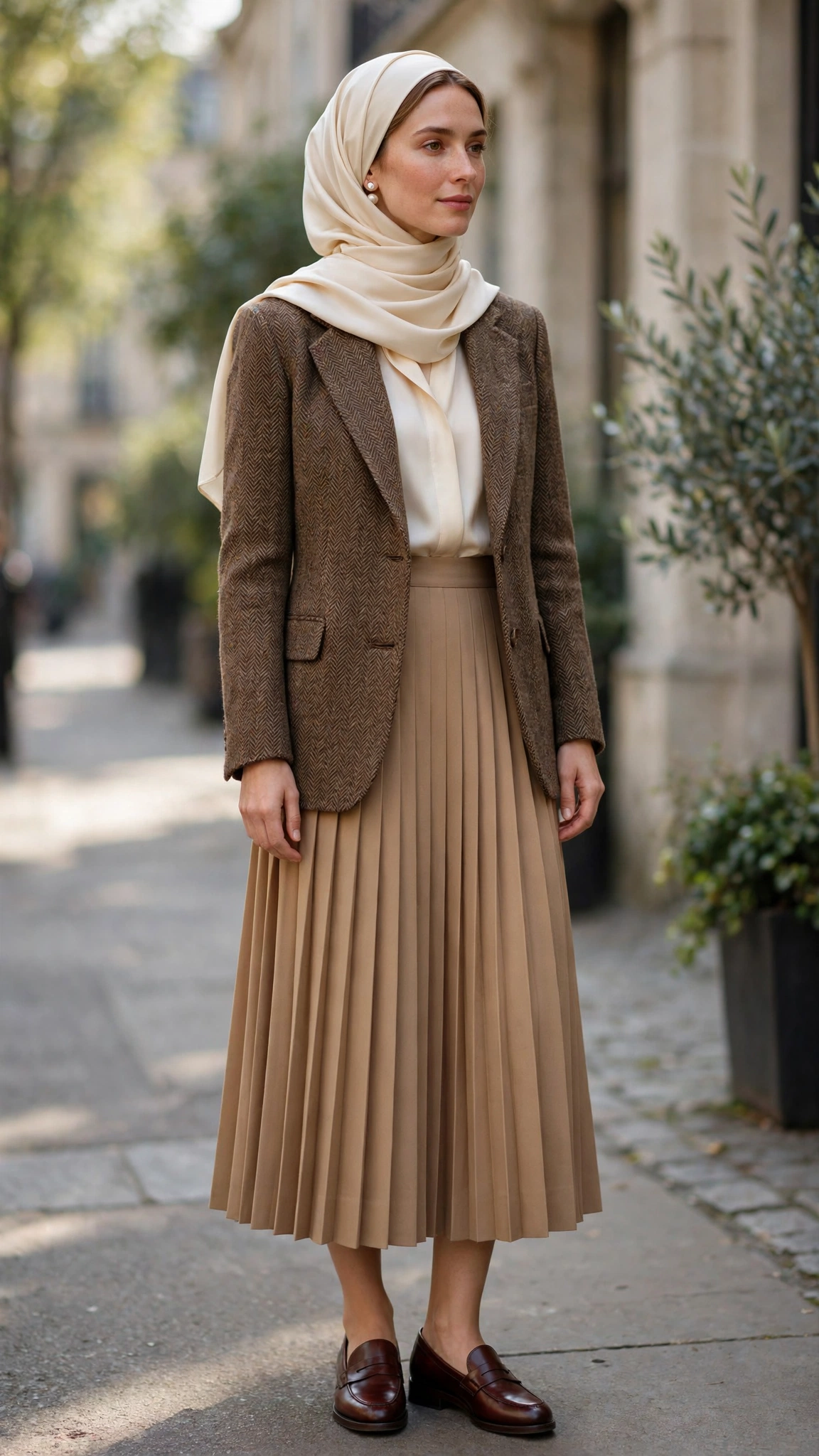 Old Money Fall Outfits – 1. Tweed Blazer + Cream Silk Blouse + Pleated Midi Skirt + Loafers