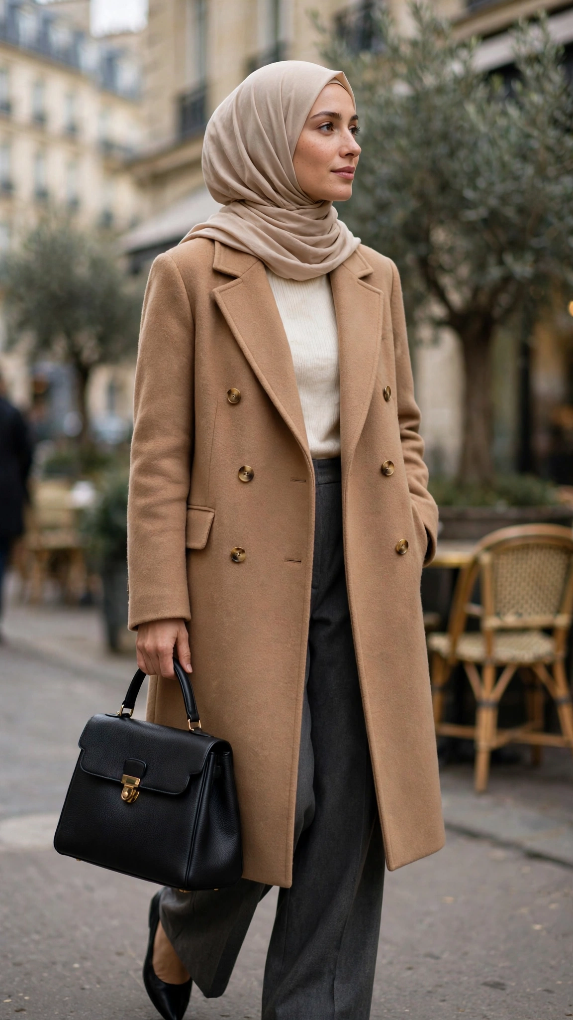 2. Camel Wool Coat + Turtleneck + Tailored Wide-Leg Trousers