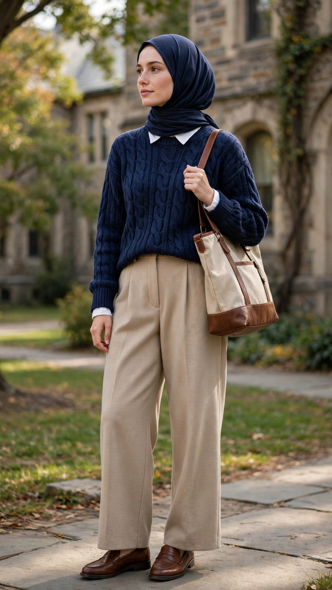 3. Navy Cable-Knit Sweater + White Collared Shirt + Beige Wide-Leg Trousers