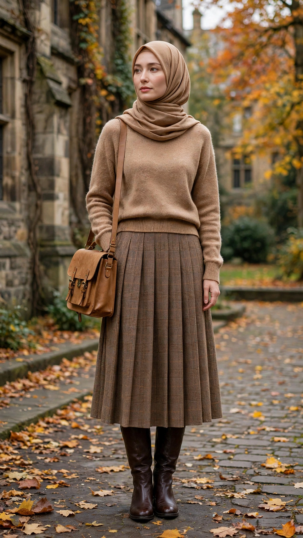 5. Cashmere Crewneck + Plaid Midi Skirt + Knee-High Boots