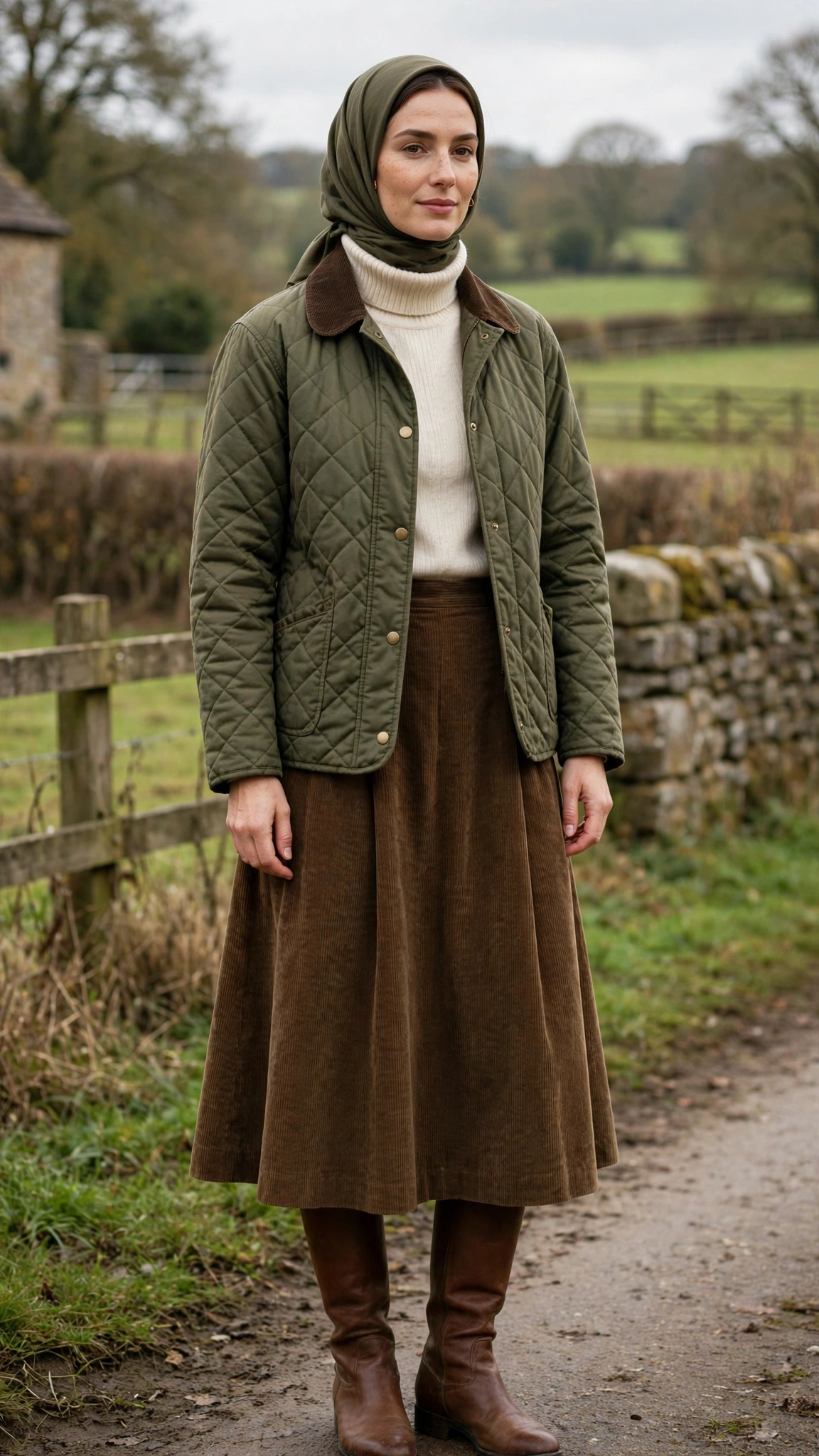7. Quilted Barn Jacket + Turtleneck + Corduroy Skirt + Riding Boots