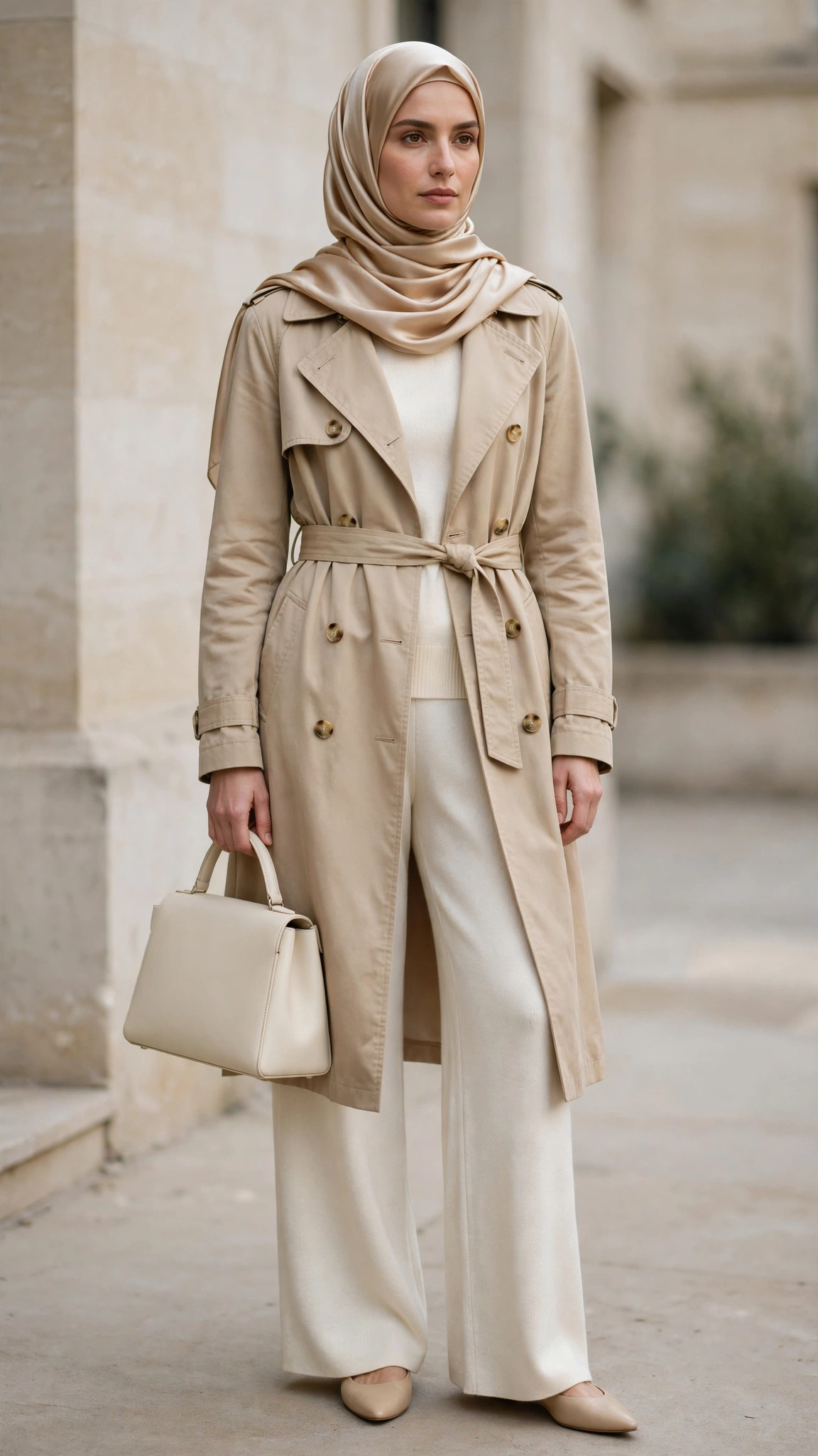 9. Beige Trench + Monochrome Cream Knit Set + Silk-Scarf Hijab