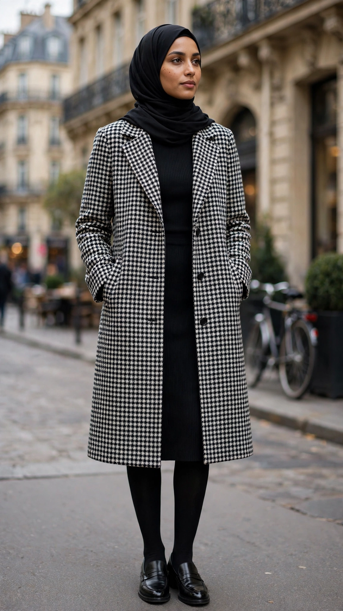 10. Houndstooth Coat + Black Turtleneck Dress + Tights + Loafers