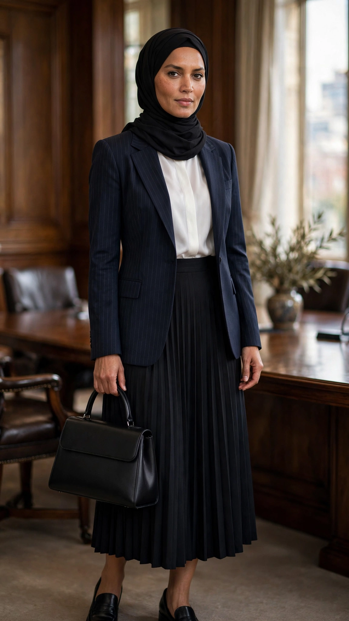 14. Pinstripe Blazer + White Blouse + Black Midi Skirt + Structured Handbag