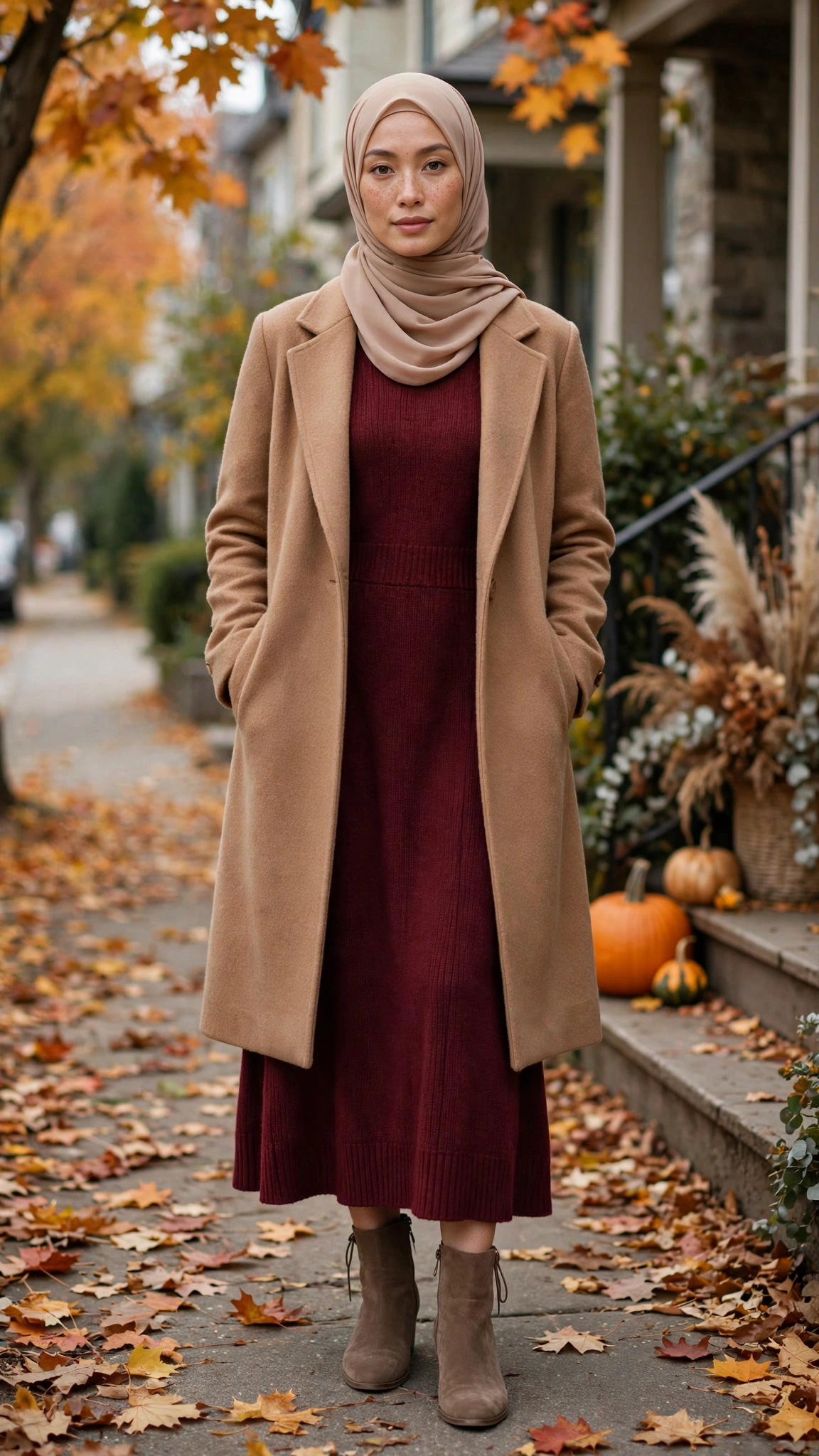What to Wear for Thanksgiving Dinner – 1. Burgundy Midi Sweater Dress + Camel Coat + Nude Hijab