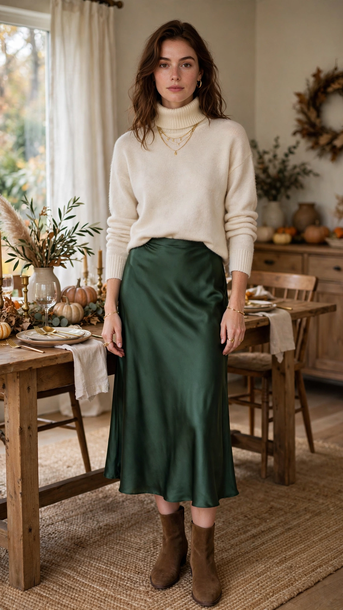 2. Forest Green Satin Skirt + Cream Turtleneck + Gold Jewelry