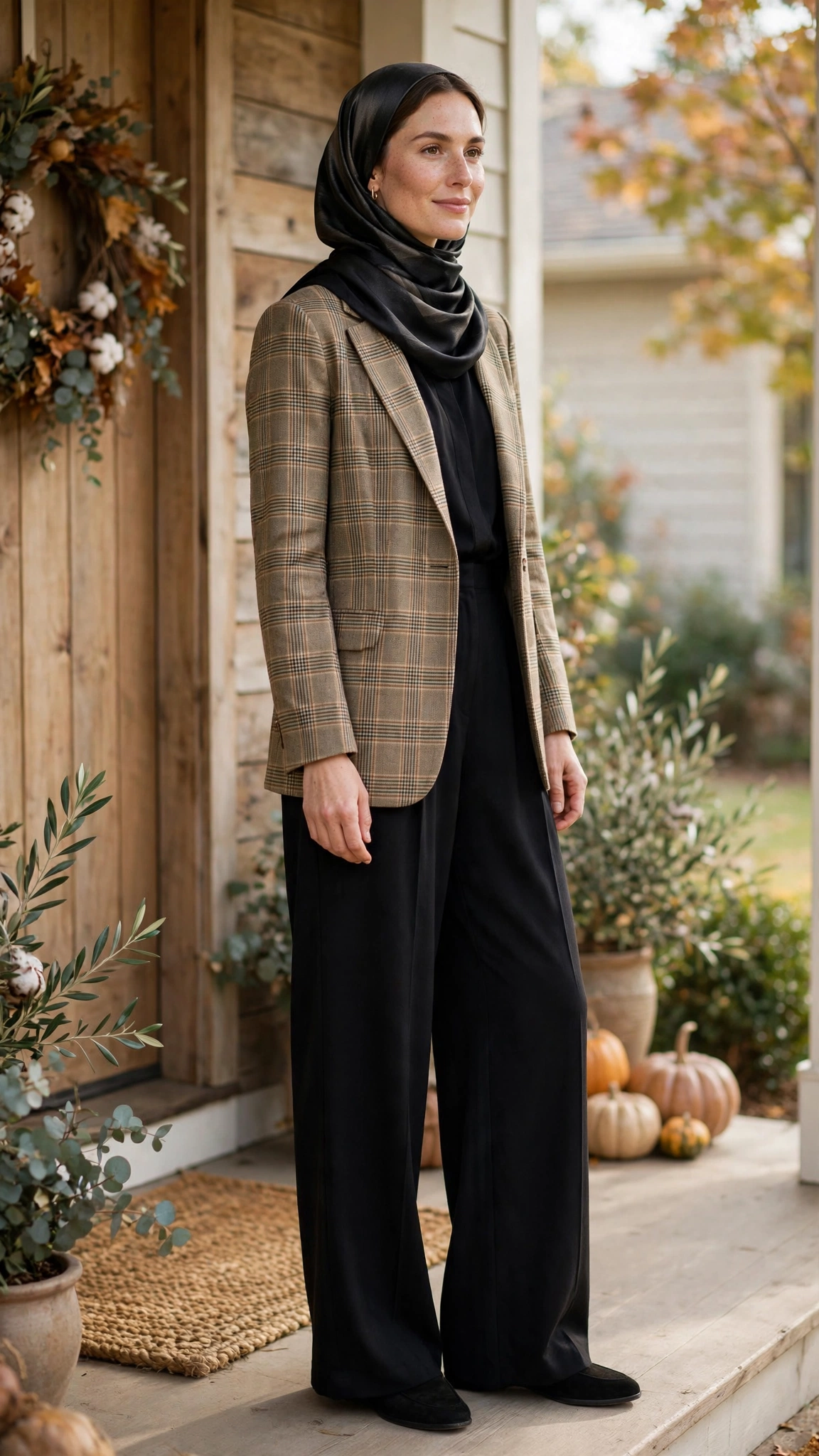 3. Plaid Blazer + Black Wide-Leg Trousers + Silk Hijab