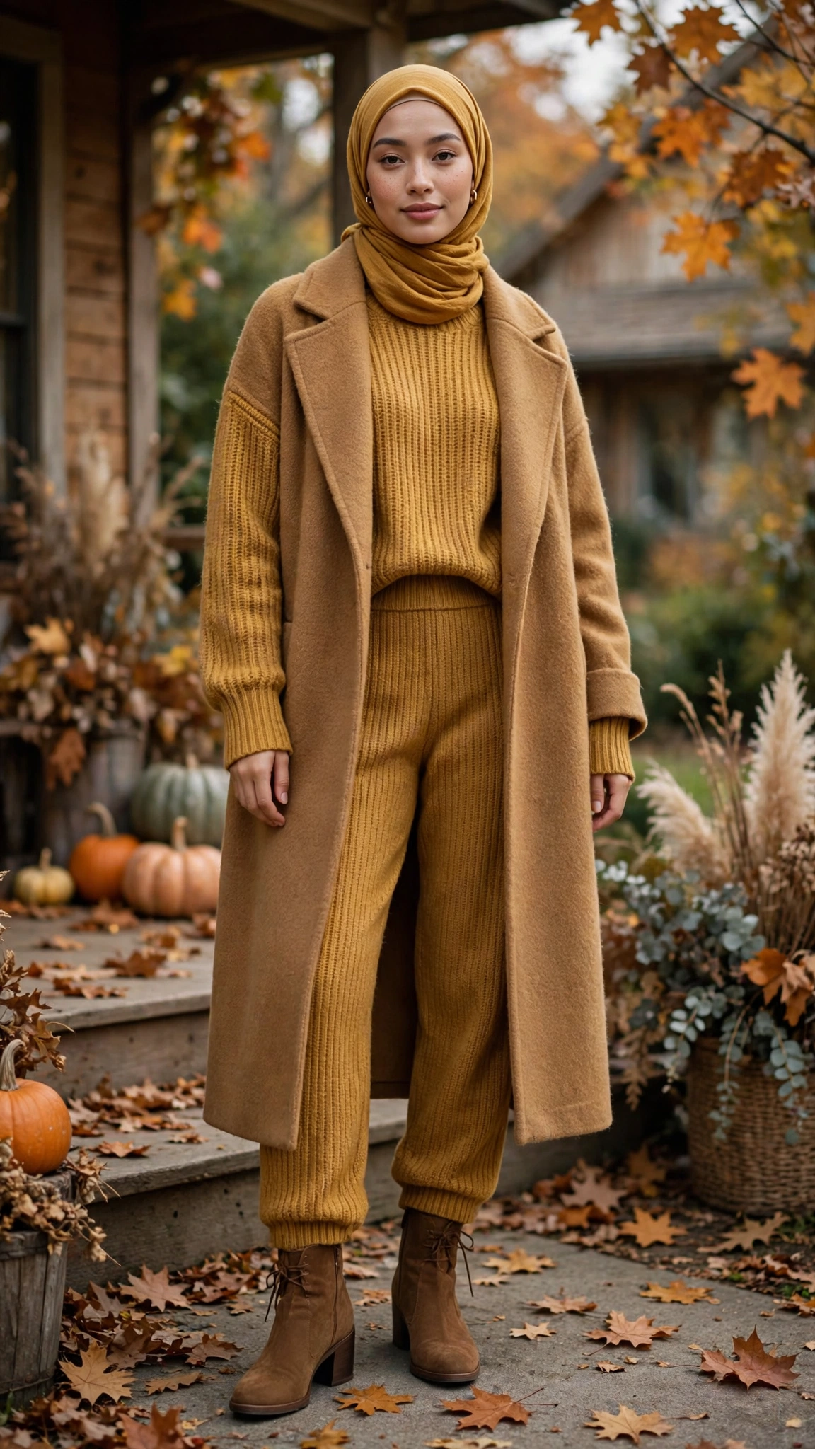 4. Mustard Knit Co-ord Set + Long Wool Coat + Ankle Boots