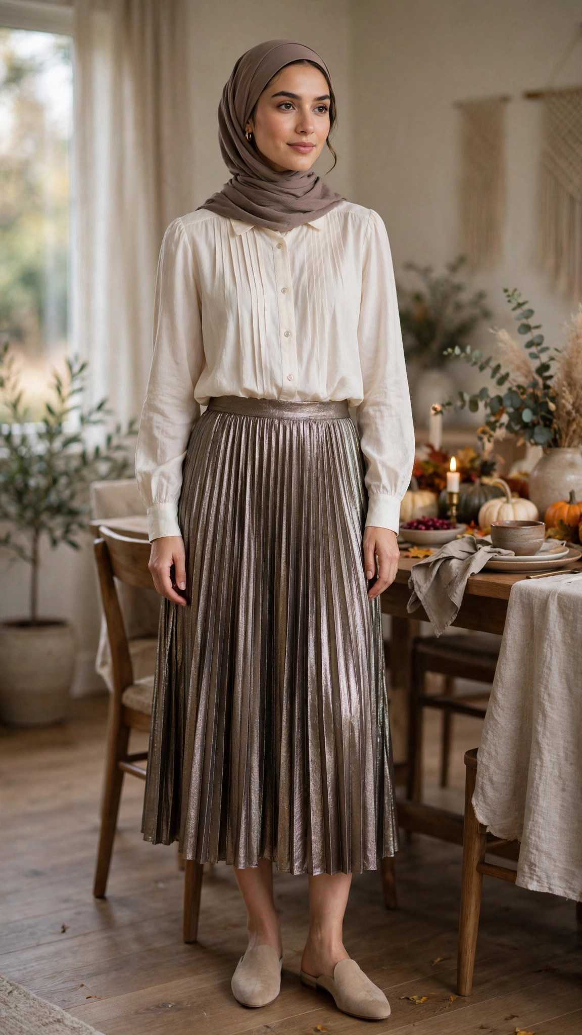 7. Ivory Blouse + Pleated Metallic Skirt + Taupe Hijab