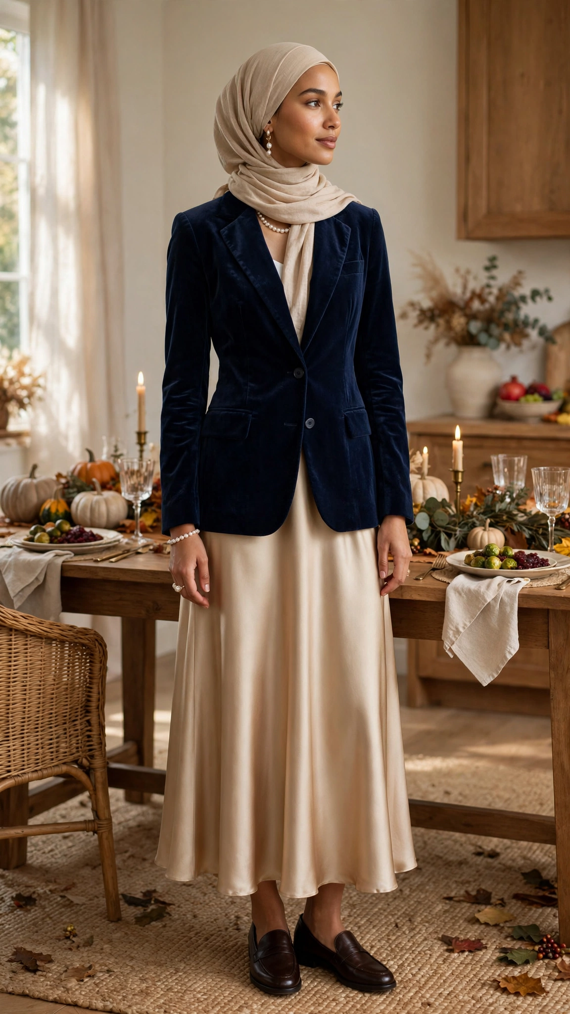 9. Navy Velvet Blazer + Champagne Satin Midi Skirt + Pearls