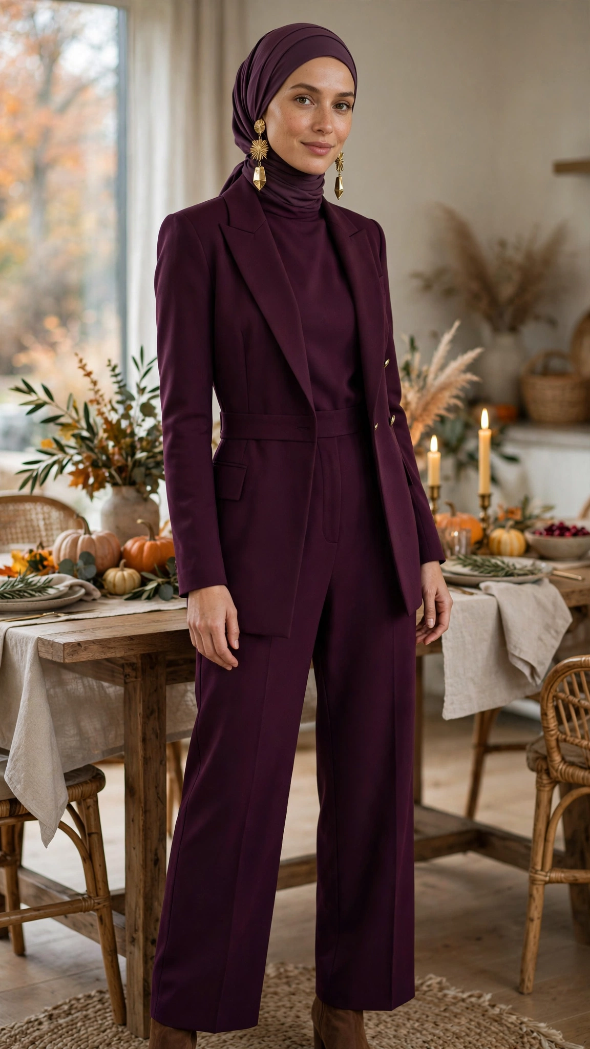 11. Deep Plum Jumpsuit + Structured Blazer + Statement Earrings