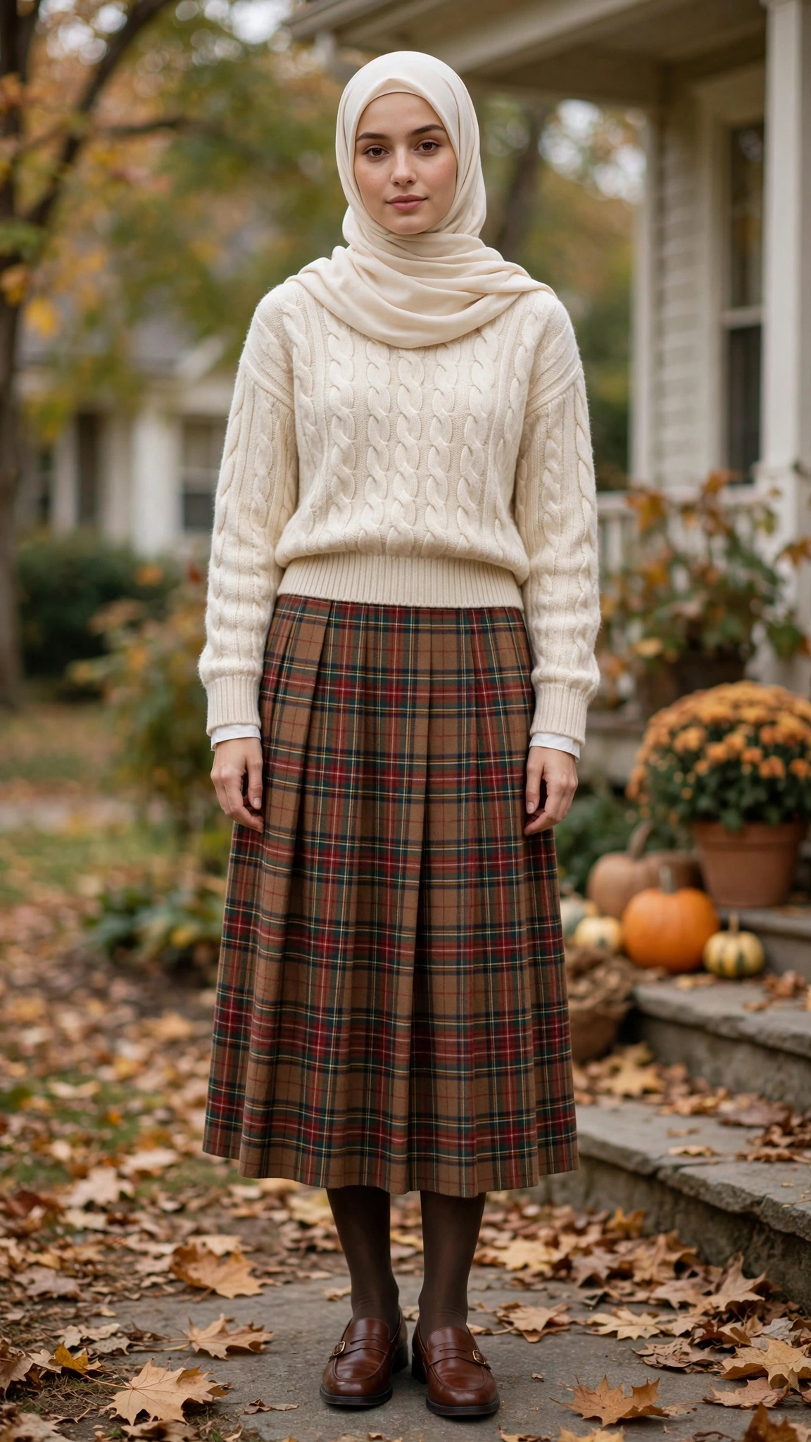 12. Cream Cable-Knit Sweater + Tartan Midi Skirt + Tights