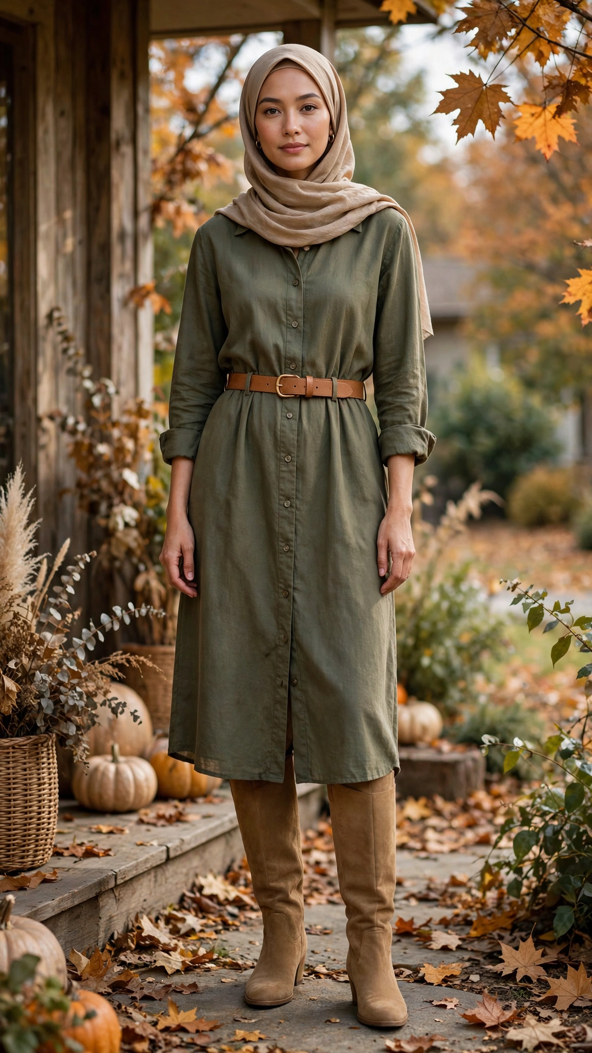 13. Olive Green Shirt Dress + Tan Belt + Knee Boots