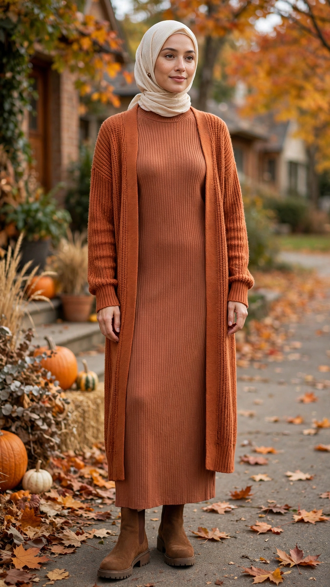 15. Terracotta Ribbed Knit Dress + Longline Cardigan + Boots