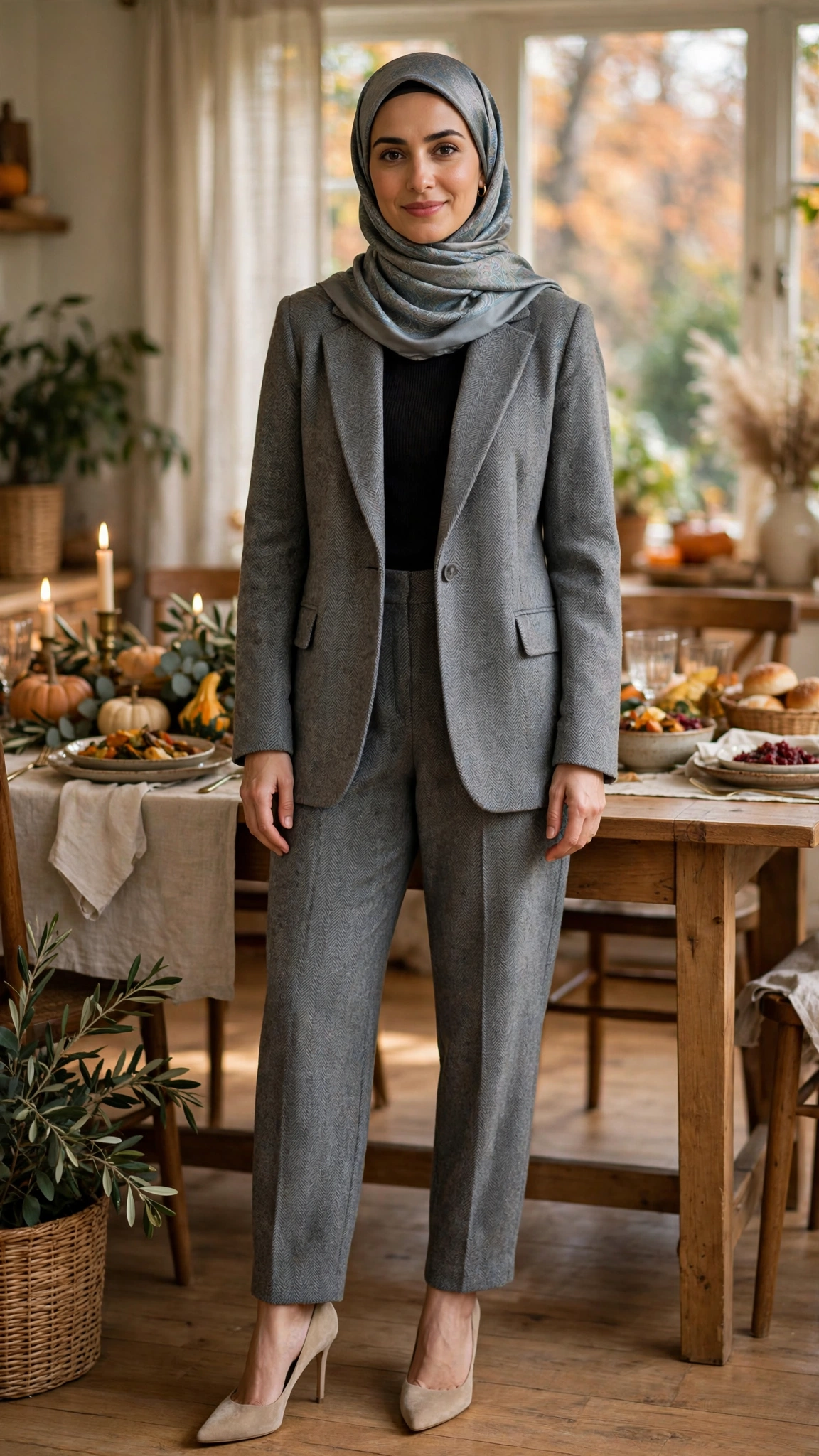 16. Grey Flannel Blazer Set + Silk-Scarf Hijab + Heels